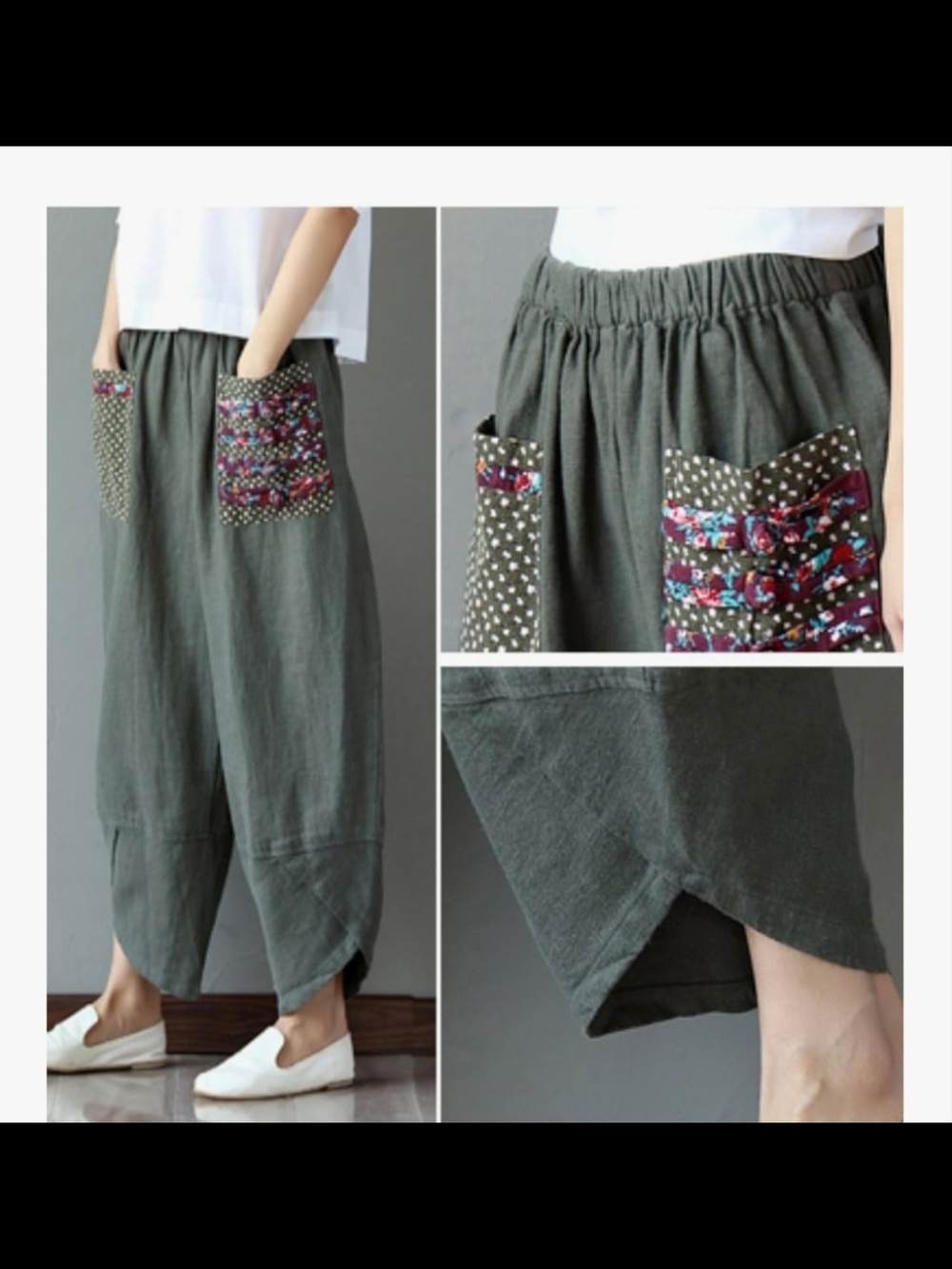 Casual Army Green Cropped Wide-Leg Harem Pants with Patch Pockets - Picture 3 of 5
